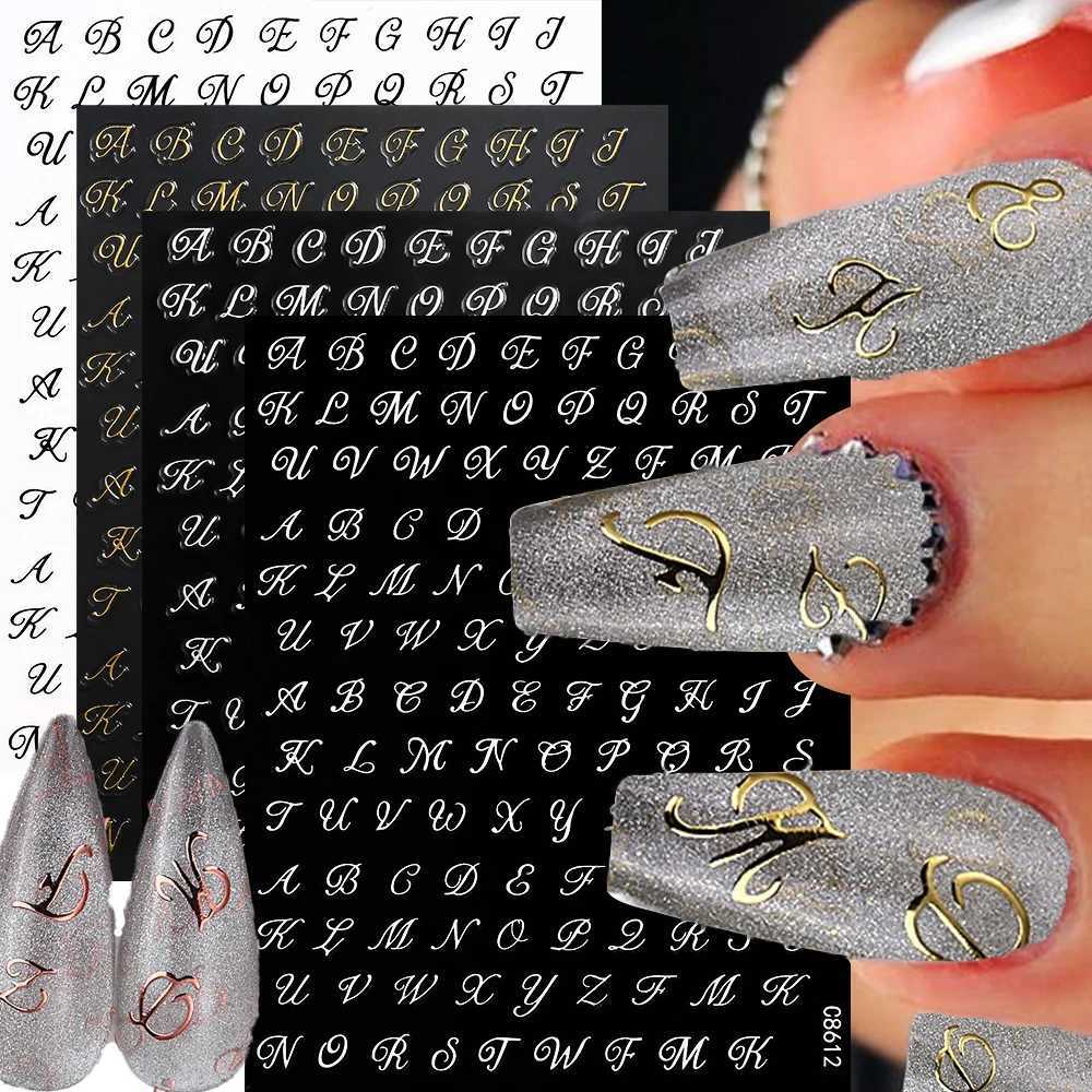 4Sheet/Set Roman Letter Nail Stickers 3D Laser Gold/Silver/Black/White Letter Nail Decal DIY Old Alphabet Manicure Slider NK*4XJ250120