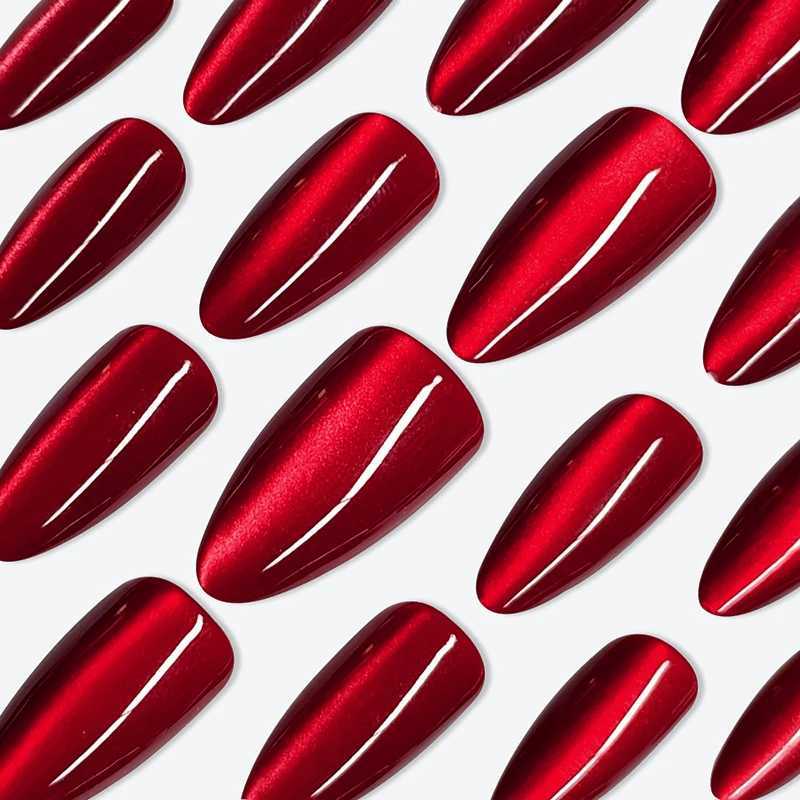 24 sparkling red cat magnet fake nails are fashionable and detachable. The fake nails are pressed onto the nails and decorated with adhesive treatment