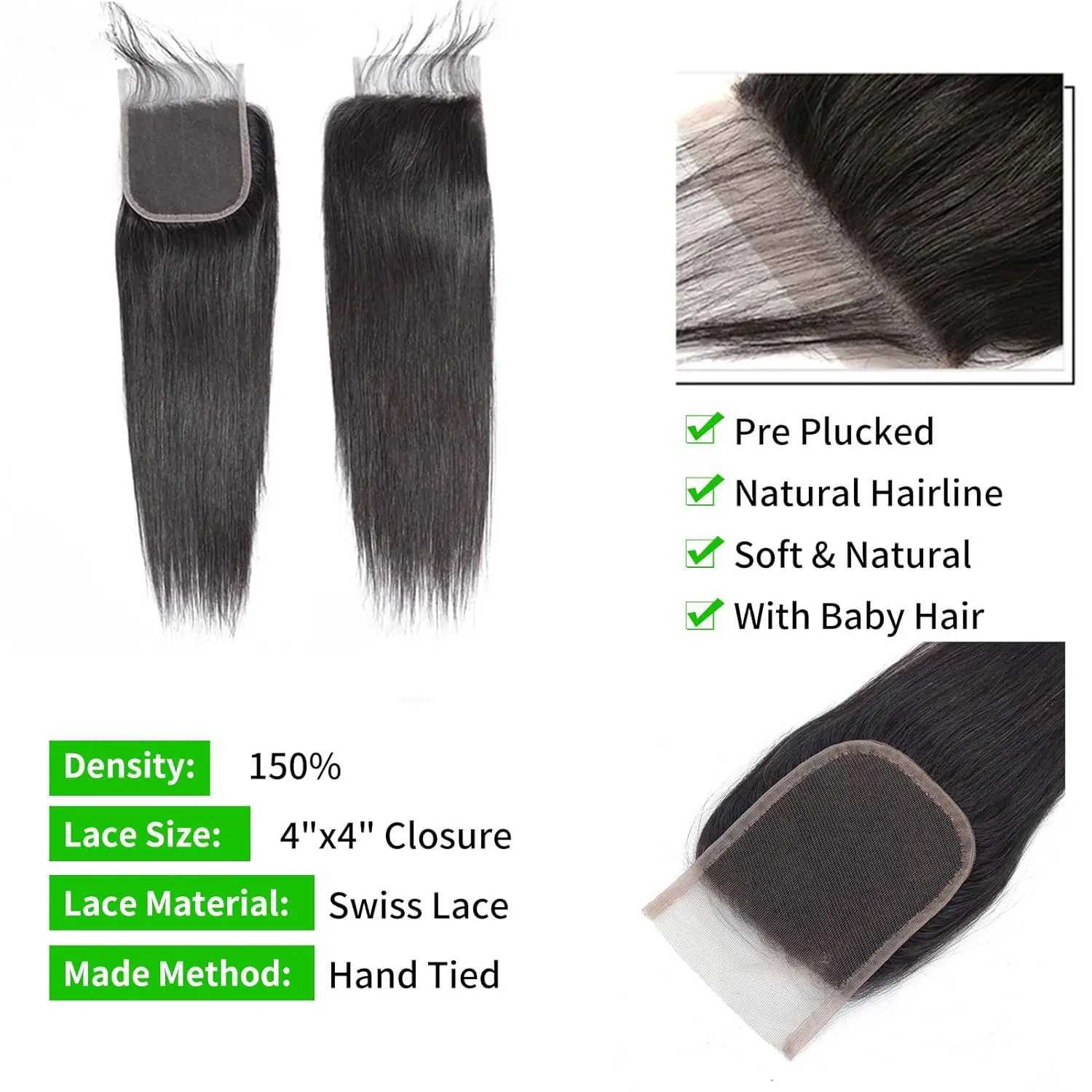 Straight Bundles and Clo Brazilian Human Hair 3 Bundles with 4x4 Transparent Lace Clo Pre Plucked Natural Color #1BXJ250120