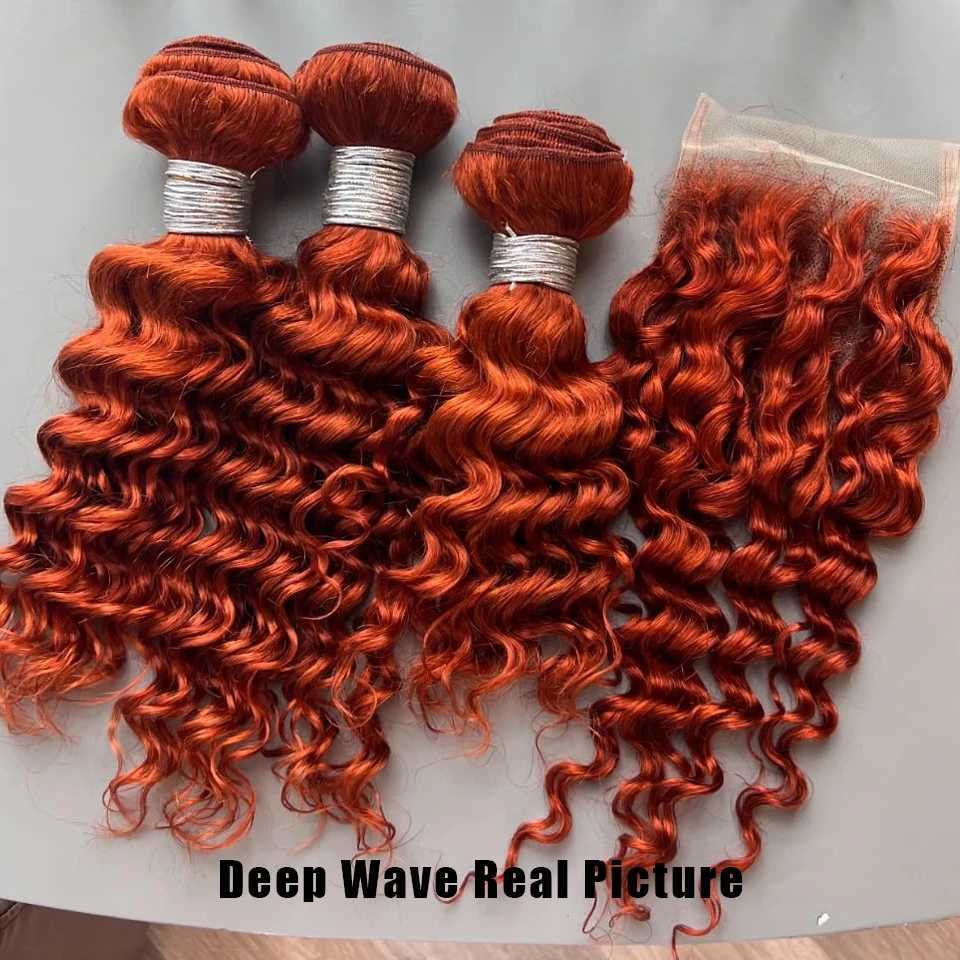 Ginger Orange #350 Deep Wave Human Hair Bundles With Clo Brazilian Virgin Human Hair Weave Curly 4x4 13x4 Front HD CloXJ250120
