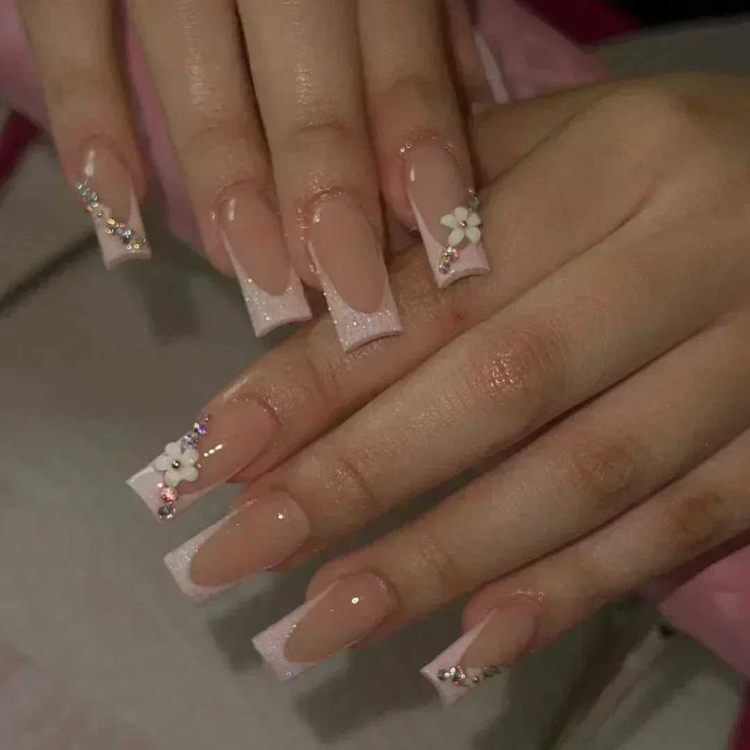24pcs False Nails with glue butterfly design Long Coffin French Ballerina Fake Nails Full Cover acrylic Nail Tips Press On NailsW250120
