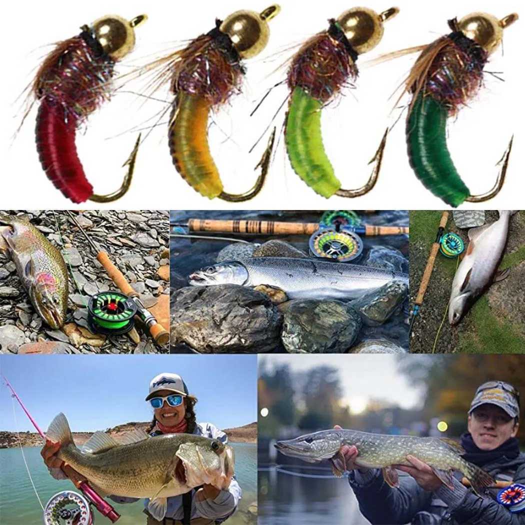 3Pieces Brass Bead Head Fast Sinking Nymph Maggots Bug Worm Flies Trout Fly Fishing Lure BaitXJ250122