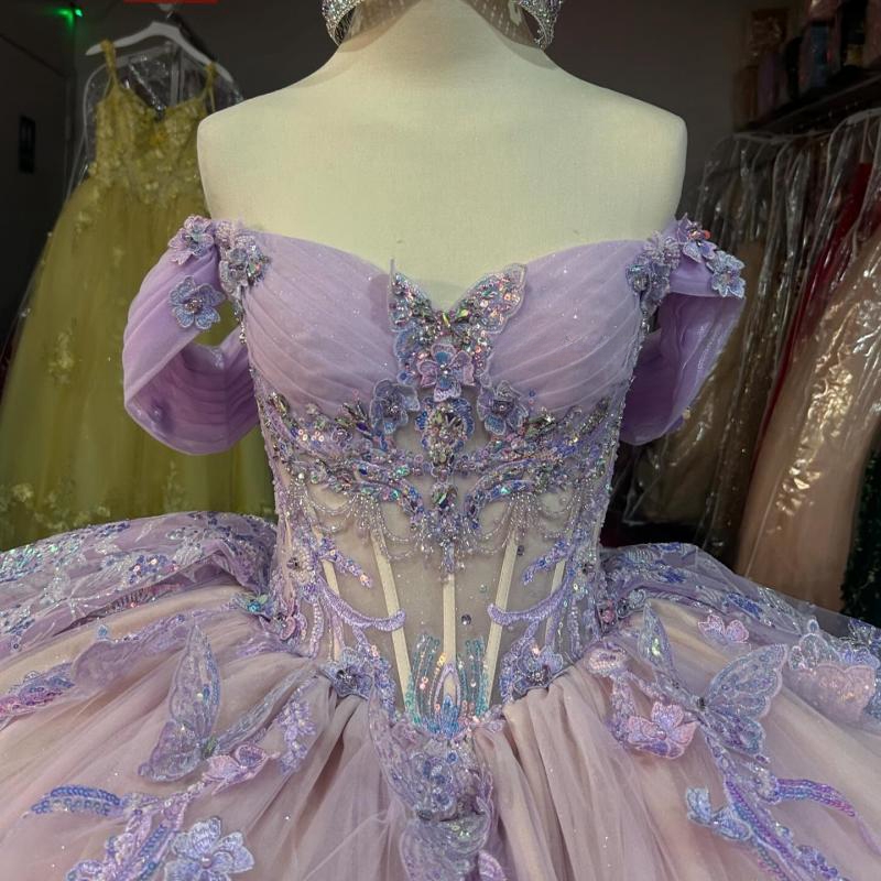 Light Lavender Quinceanera Dresses Ball Gown Off The Shoulder Sequin Applique Lace Beads Tull Party Birthday Sweet 16 Dress Vestidos 15 Anos