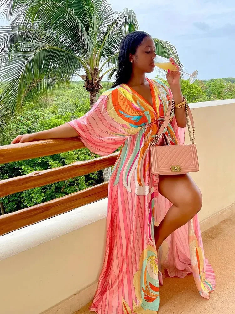 Bikini Cover-ups Boho Print Long Dress Self Belted Sexy Beach Tunic Summer Women Beach Wear Swim Suit Cover Up A932 250118
