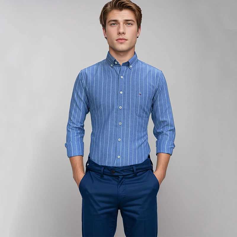 New 100% Cotton Men Oxford Shirts Long Sleeve Casual Plaid Soft Regular Fit Formal Dress Shirt Social Blouse Male Clothes S-7XLXJ250121
