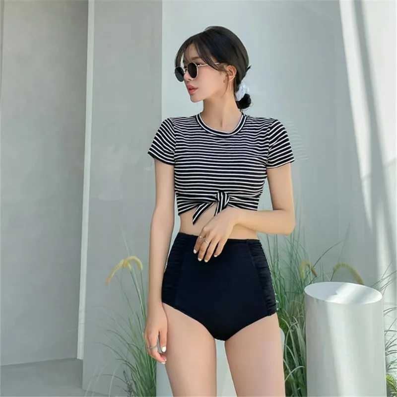 Sexy High Waist Bikini Women Striped Black Swimsuit Short Sve Bathing Suit Push Up Biquini Crop Top Swimwear Tummy ControlXJ250120
