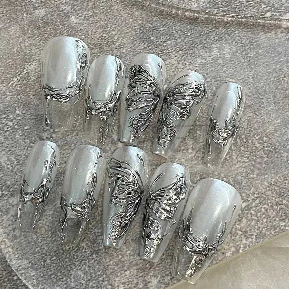 3D Metallic Silver Nail Stickers Butterfly Ink Moon Heart Sliders Charms Lock Dark Black Foils Nail Decor Jewelry Accessory SASWXJ250120
