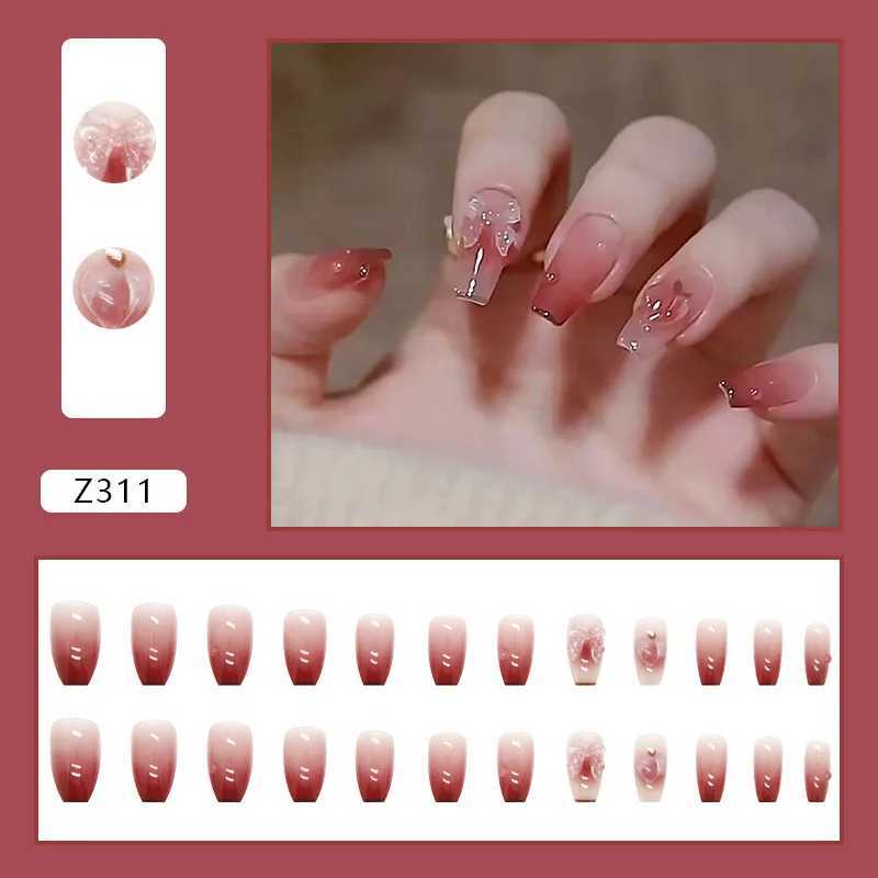 Gradient Patch Stick Wearing False Nails Full Coverage Love Peach Bow See Photochromic Stereo Wear Nail Fake Nail FashionW250120