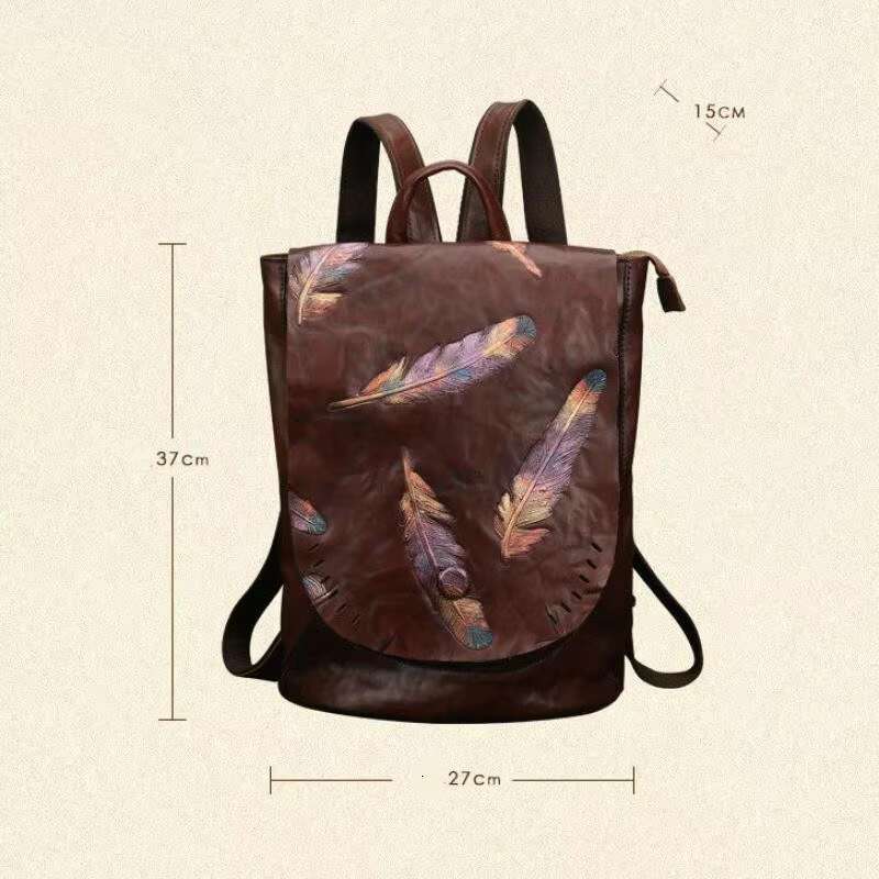 Retro Genuine Leather Bag For Women Vintage Emed Cowhide Backpacks Leisure Feather Backpack Ladies