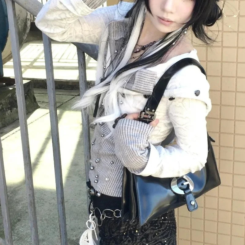 Y2k Harajuku Gothic Women Knit Cardigan Hooded Zip Up Patchwork Japanese Fashion Sweaters Slim Gyaru Grunge Autumn 250122