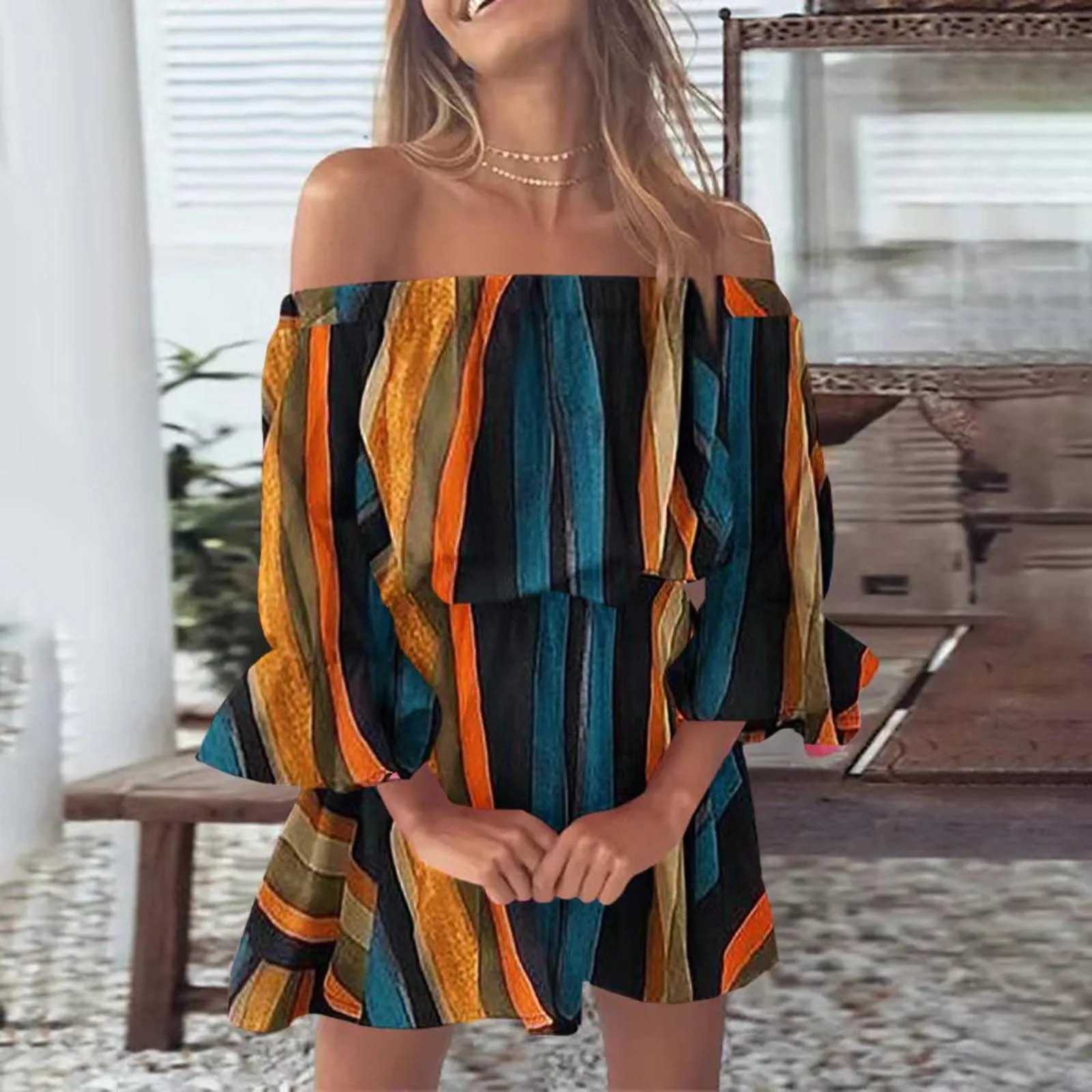 Off Shoulder Mini Dress Women Leopard Polka Dot Ele Summer Dress Casual Loose Fashion Slash Neck Long Sve Party DressesXJ250115