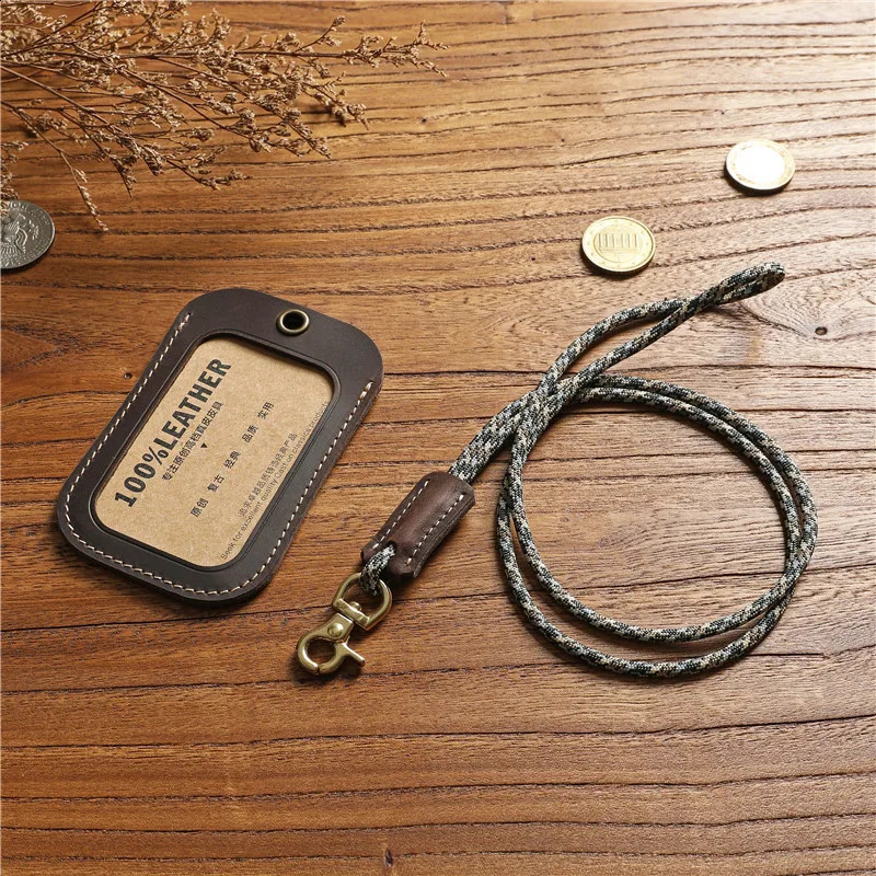 Genuine Leather Badge Holder For Men Women Vintage Handmade Original Cowhide ID Employee Work Bus Card Case Cover With Lanyard 250120