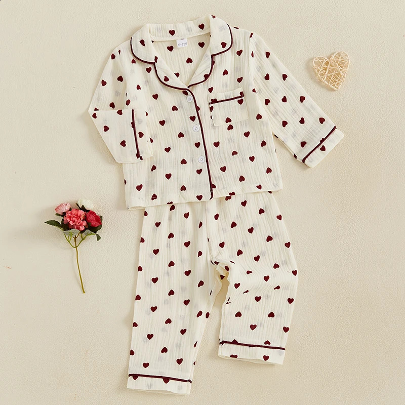 Citgeett Spring Valentines Day Kids Girls Pajamas Heart Print Long Sleeves Shirt Elastic Pants Sleepwear Clothes 250121