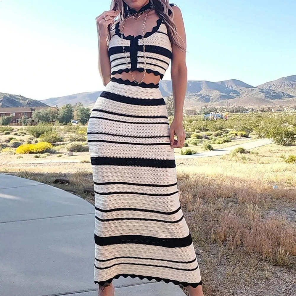 Summer Knitted Beach Skirt Sets Women Sexy Backless Slim Bohemian Outfits Fashion Striped Holiday Two Piece Matching Set 250118