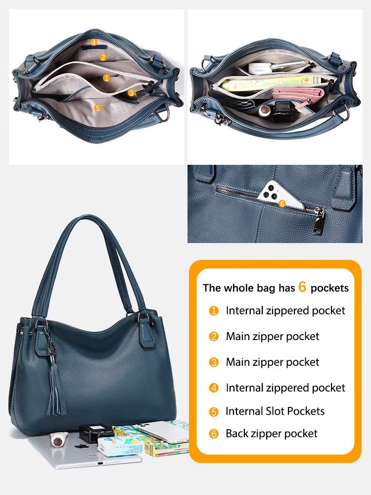 Zency Genuine Women's Tassel Shoulder Vintage Large Capacity Female Handbag Shopper Natural Leather Ladies Hobo Bag