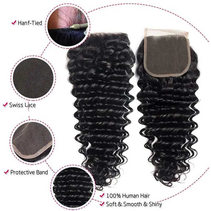 Deep Wave Human Hair Bundles With Clo 4x4 Transparent Lace #1B Color Wet and Wavy Virgin Human Hair Extensions For WomenXJ250120