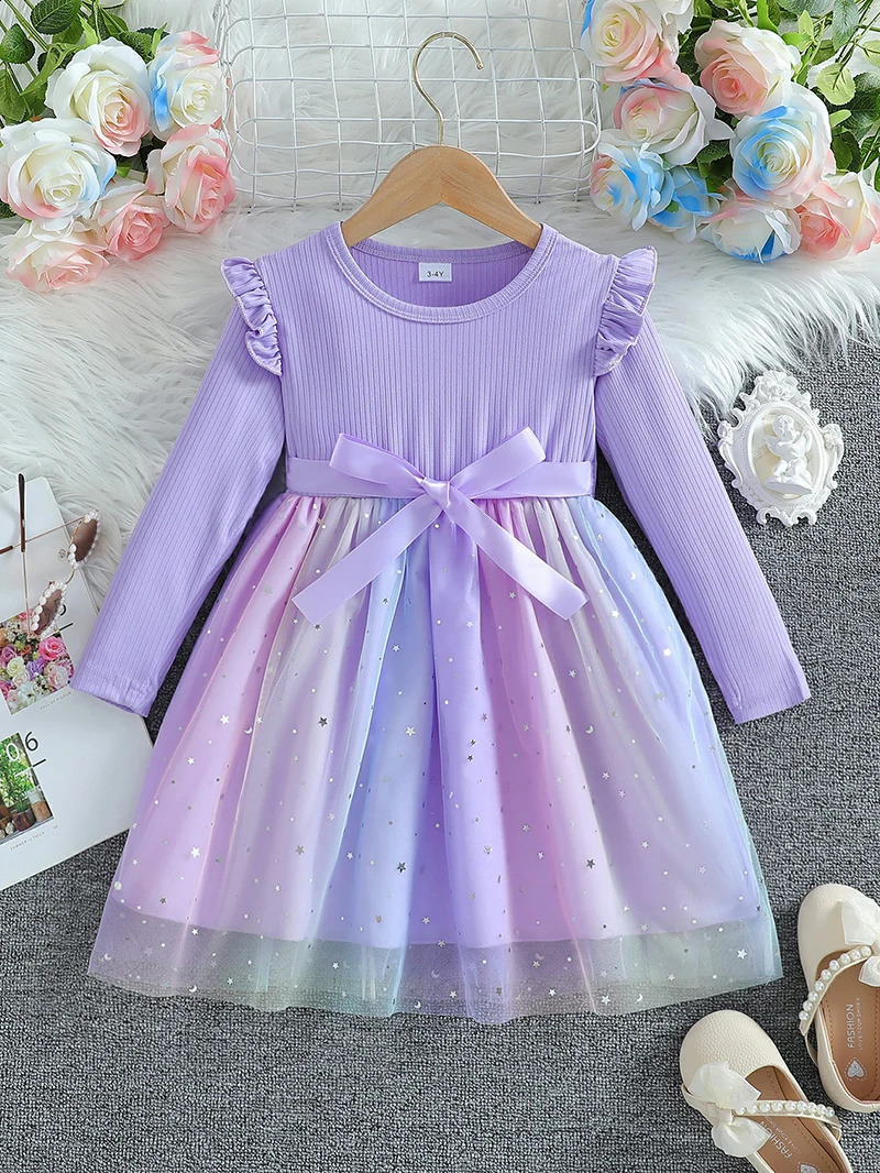 Girls Long Sleeved Bow Dress 26Y Fashion Thin Childrens Starry Sky Sequin Mesh Spring Autumn Kids Clothing 250117