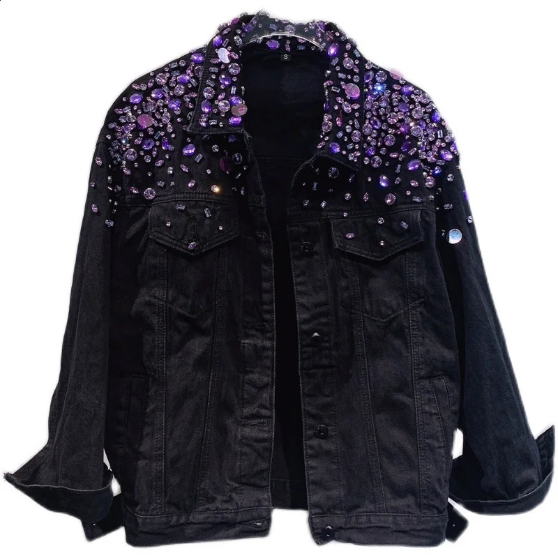 Hand-Stitched Purple Sequin Denim Jacket for Women Autumn Diamond Lapel Single Breasted Washed Cotton Denim Jacket 250116