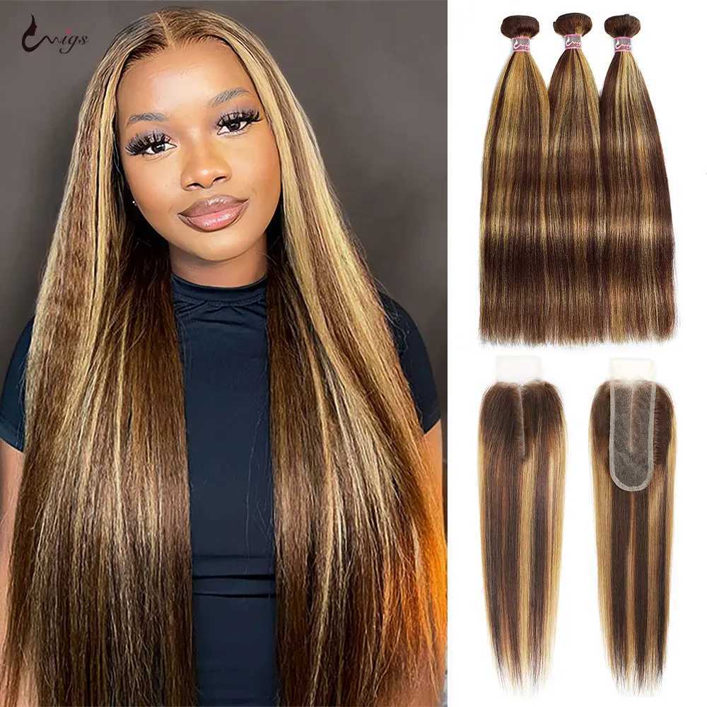 2x6 Clo With Bundles Highlight Yaki Straight 100% Human Hair Brazilian Hair Weave Bundles With 2x6 Kinky Straight CloXJ250120