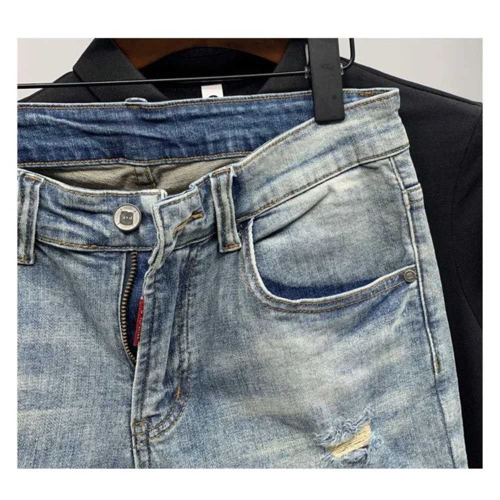 New mens denim shorts with perforations Korean style straight quarter patch casual jeans Bermuda mens clothing X250203