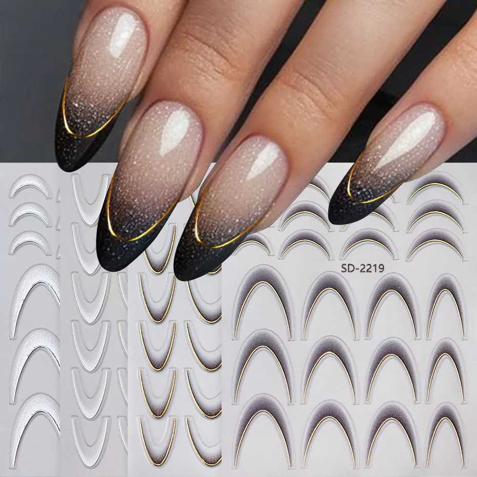 2/4pcs Gradient French Nail Decals Brozing Gold Silver Curved Striped Design Glitter Sticker 3D Dreamy Crescent Manicure SliderXJ250120