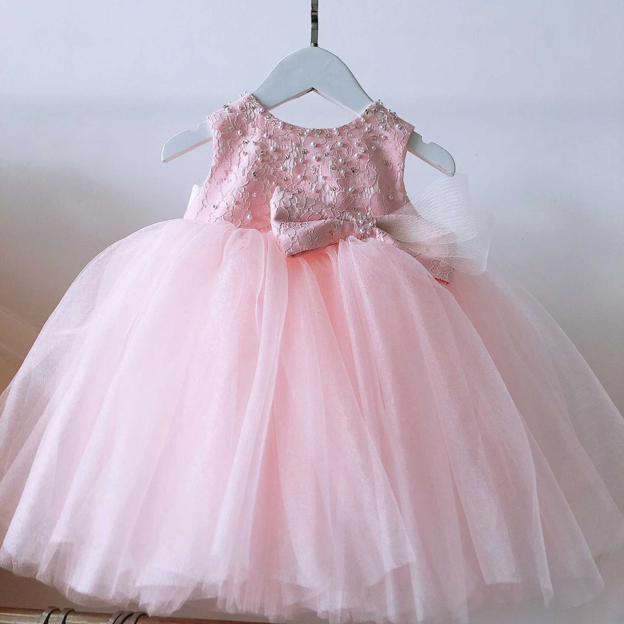 1-Year Baby Girl Birthday Dress Baby Pink Lace Beads Baptist Princess Dress Preschool Girl Wedding Newborn Christmas Dress X250203