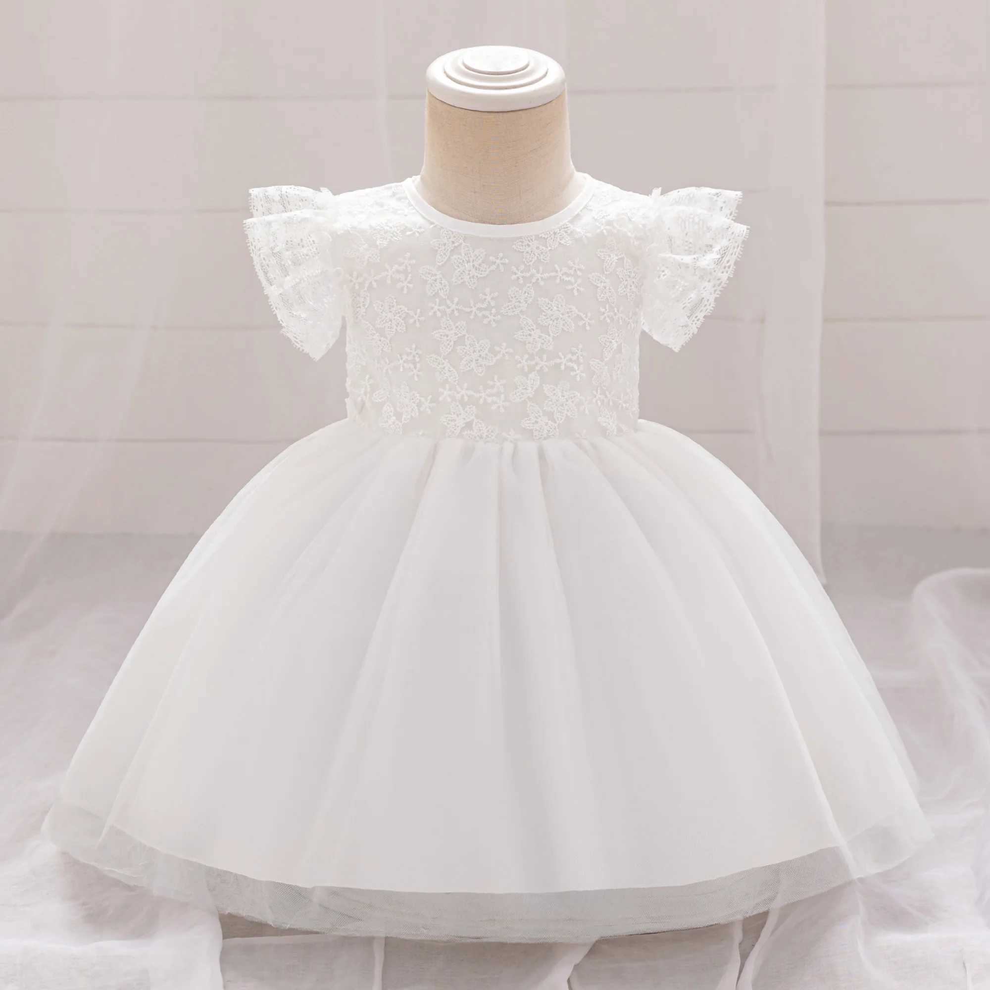 White Bridesmaid Baby Girls Baptism Party Dress Flower Bow 1st Birthday Princess Dress Kid Tulle Wedding First Communion Clothes X250203