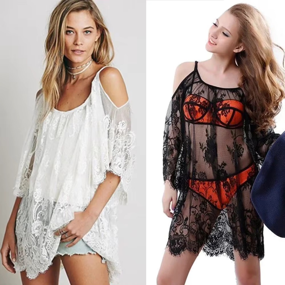 Off Shoulder Beach Cover Up Pareo Playa Coverup Dress Vestido Livre Swimsuit Wear Swimwear White Lace Women Beachwear