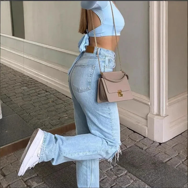 Style HighWaisted StraightLeg Jeans Light Blue Dressed Trousers Womens Commuting Denim Pants With Rips 250120