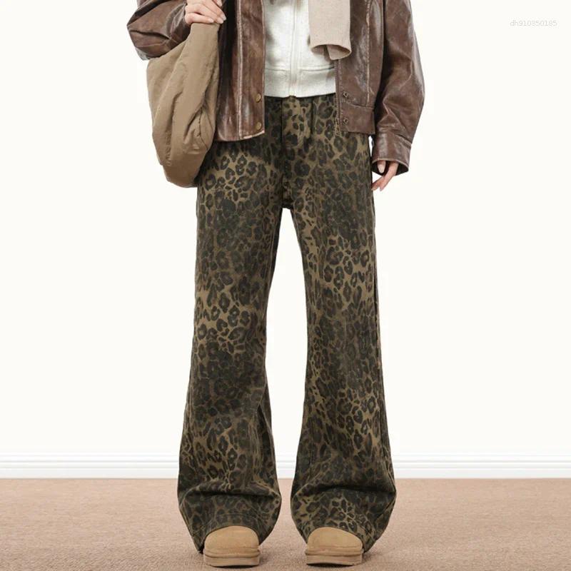 Men's Jeans Men Streetwear Vintage Wide Leg Flared Denim Pants Hip Hop Techwear Straight Long Trousers Y2k Animal Leopard Print Baggy
