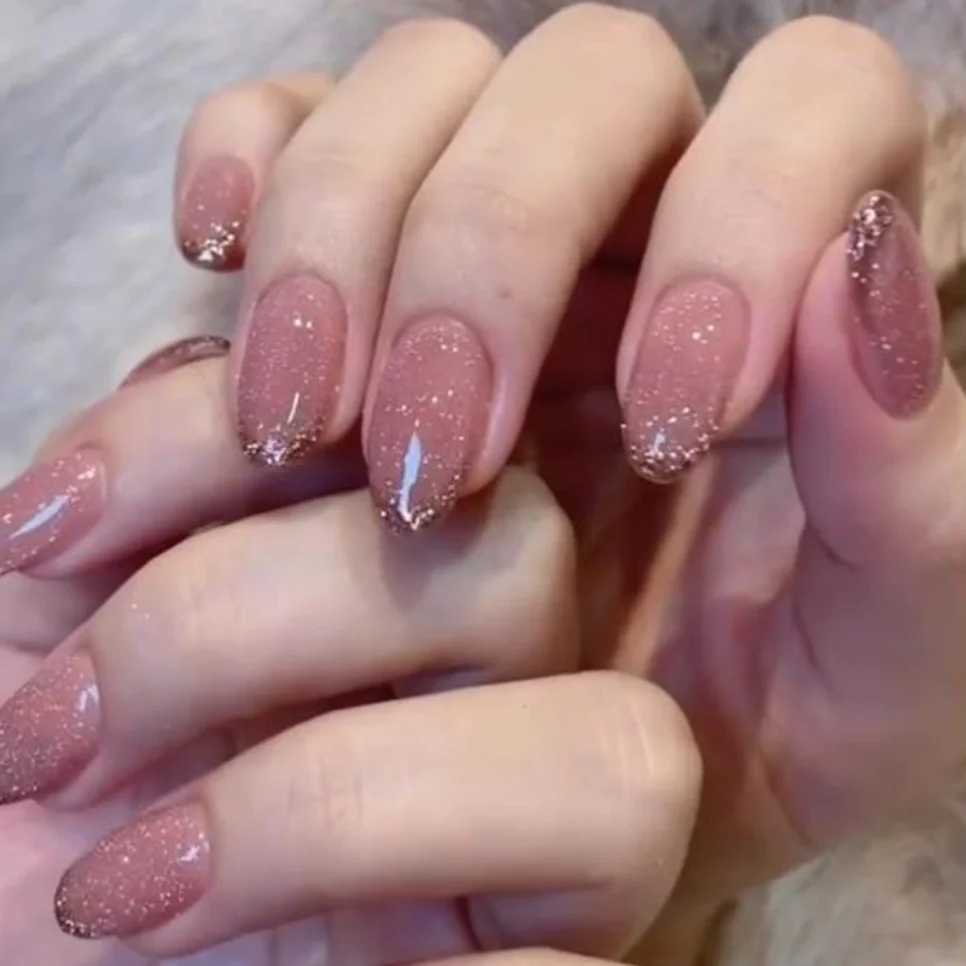 24Pcs Removable Wearable False Nails Art Short Glitter French Gold Edge Fake Nails Waterproof Press on Nail Tips Nails SuppliesW250120