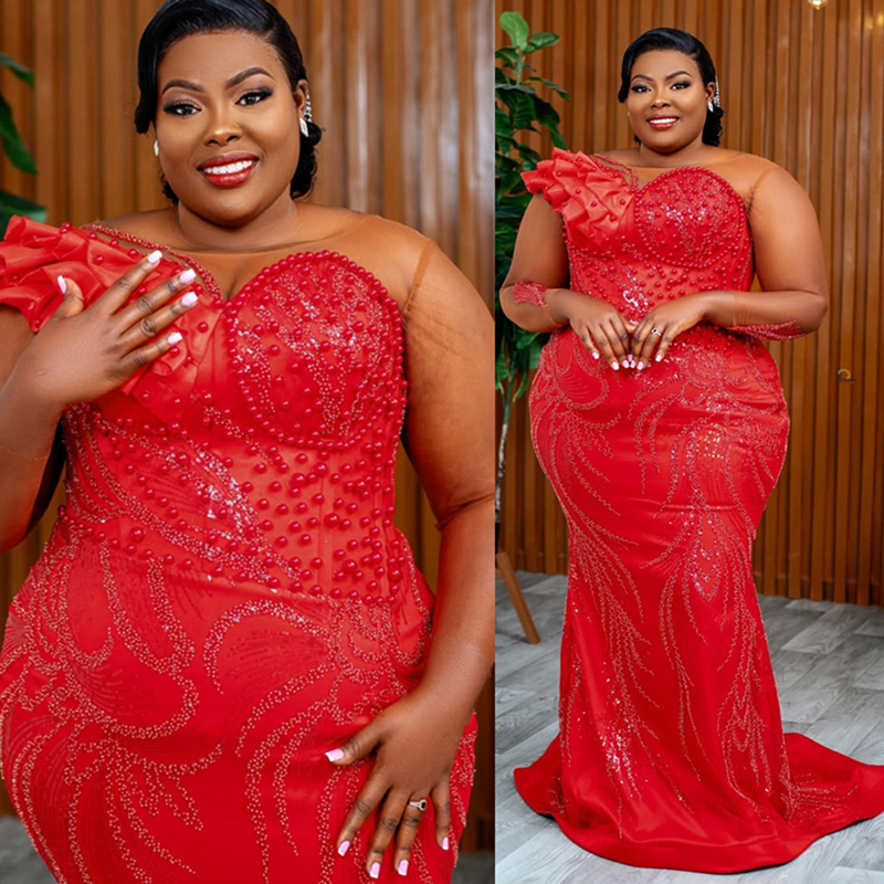 2025 Plus Size Red Aso Ebi Prom Dress Mermaid Evening Gowns For Black Women Sheer Neck Long Sleeves Pearls Beaded Lace Birthday Dress Second Reception
