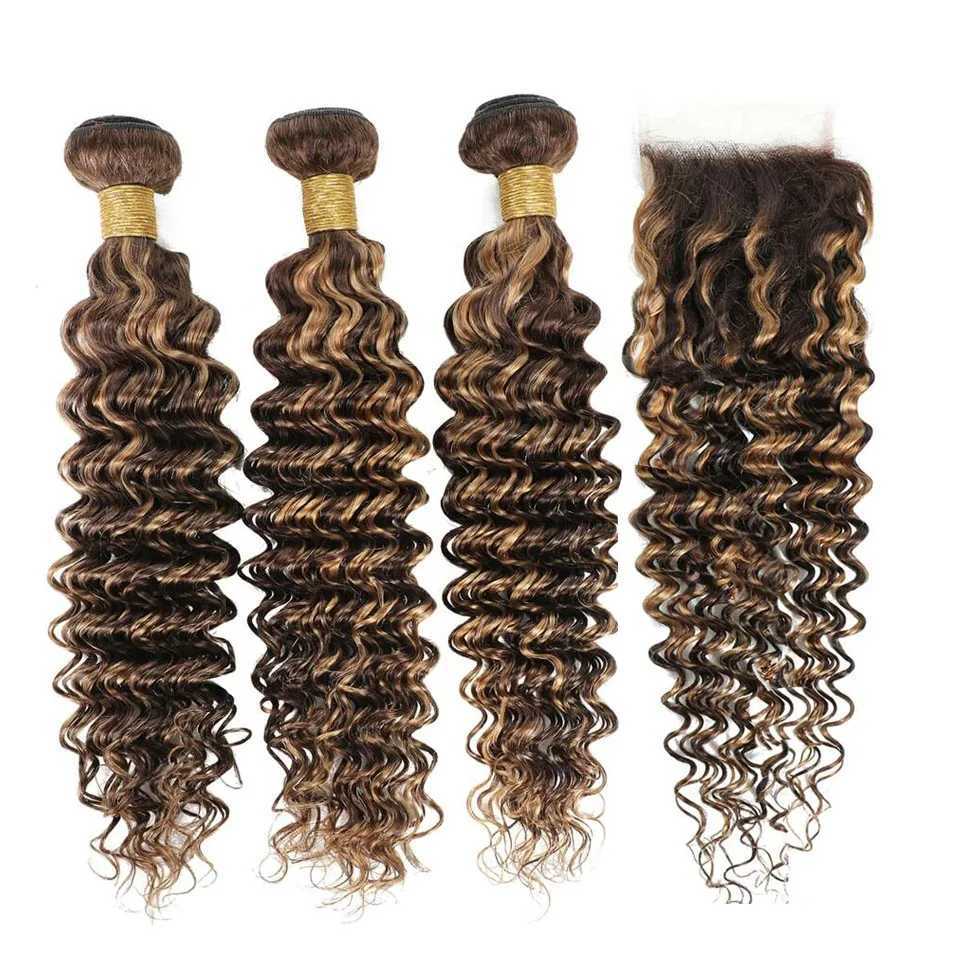 30 Inch Highlight Deep Wave Bundles with Clo Brown Human Hair Bundles with Clo Ombre Honey Blonde Bundles with CloXJ250120