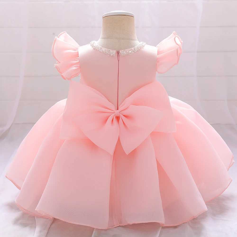 Summer Pink Cool kids Clothes Beading First Birthday Dress Baby Girl Ceremony Ball Gown Bow Princess Party 3 6 Months Dresses X250203