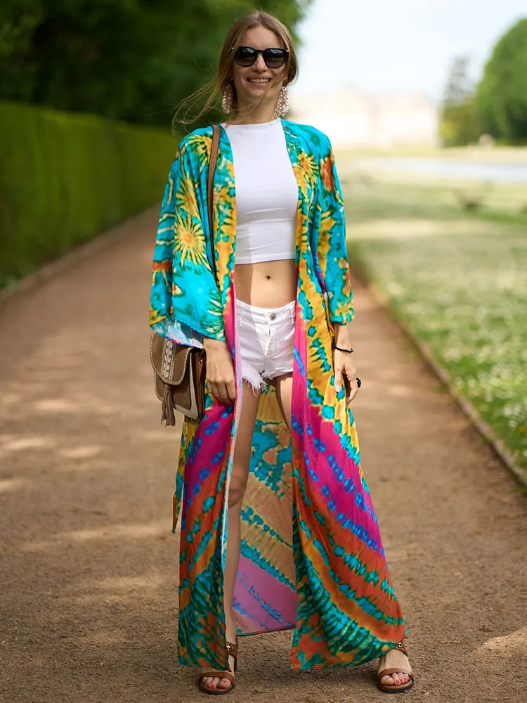 2024 Boho Printed Long Sleeve Belt Kimono Beach Dres Casual Tunic Beachwear Bathing Suit Coverups beach sail Q1451 250122