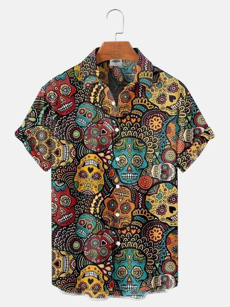 New Hawaiian Shirt For Men Skull 3d Printed Beach Shirt Short Sleeve Button Casual Mens Skull Shirts Oversized Camisa S-5XLXJ250121