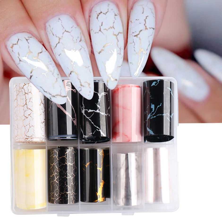 10 Roll/Box Marble Gold Foils Nail Stickers Holographic Iridescent Marble White Black Transfer Paper Decal Manicure Decor SACX04XJ250120