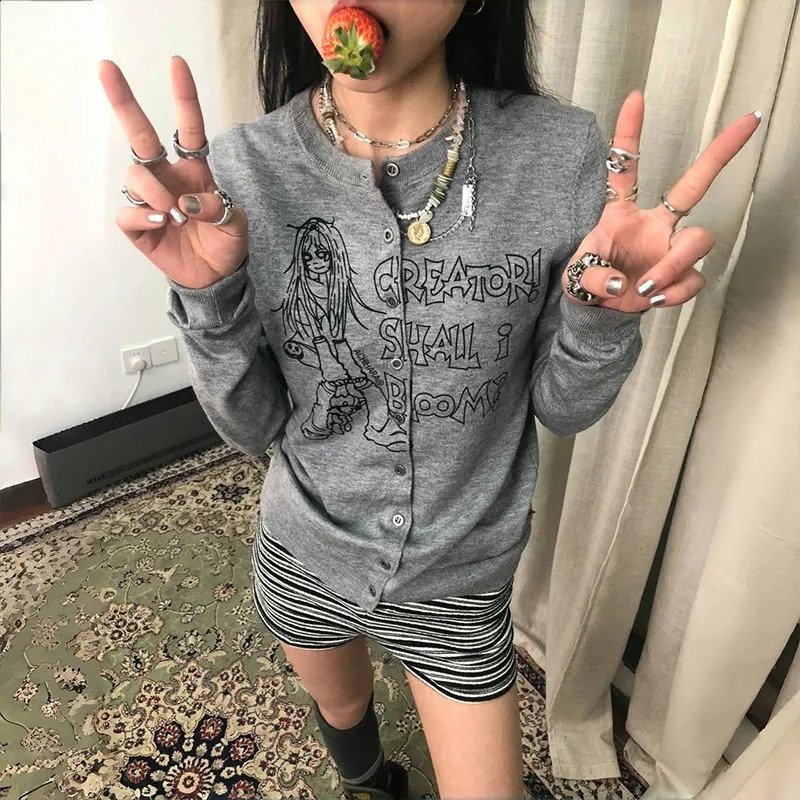 Karrram Japanese Y2k Anime Print Cardigans Vintage Harajuku Knitted Outerwears Korean Style Grey Knitwear American Retro 2000s 250122