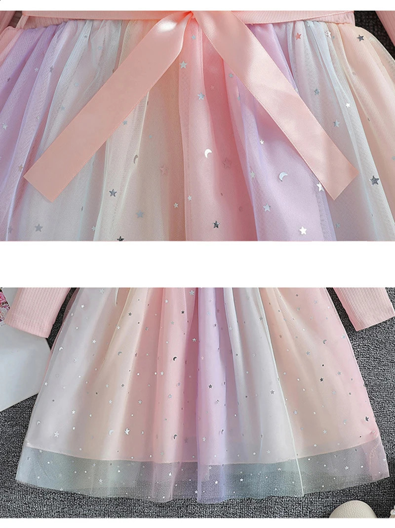 Girls Long Sleeved Bow Dress 26Y Fashion Thin Childrens Starry Sky Sequin Mesh Spring Autumn Kids Clothing 250117