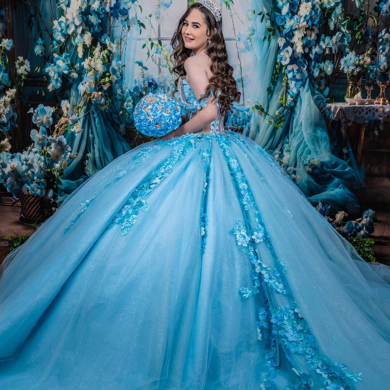 Sky Blue Shiny Quinceanera Dresses Ball Gown Off Shoulder Appliques Lace Beads Crystal Tull Corset Birthday Party Sweet 16 Dress Vestidos 15 anos