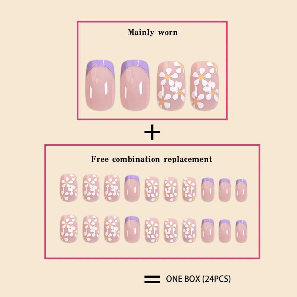 24Pcs/Set Women Middle Size Purple Border French White s Powder Full Coverage Wearable Nail Art Fake NailsW250120