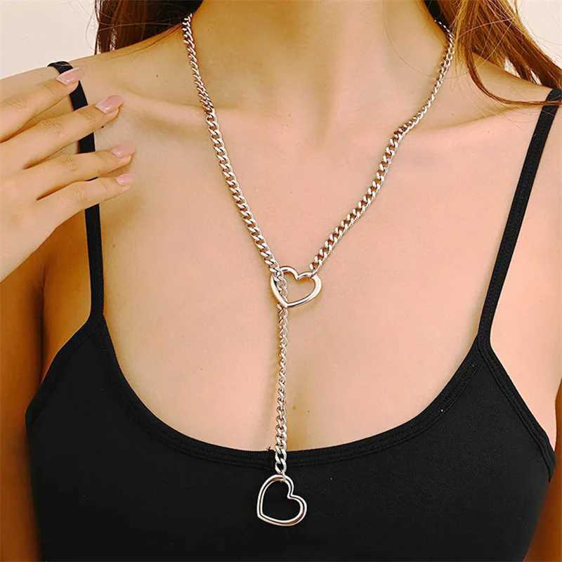 Heavy Lariat Heart Necklace Personality Punk Rock Silver Color Slip Chain Ring Slipchain Choker Collar for Women Men JewelryXJ250121