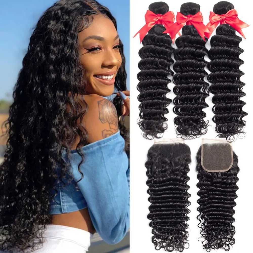 Cyno Deep Wave Human Hair Bundles With Clo Remy Brazilian Hair Weave 3 Bundles With 4x4 CloXJ250120