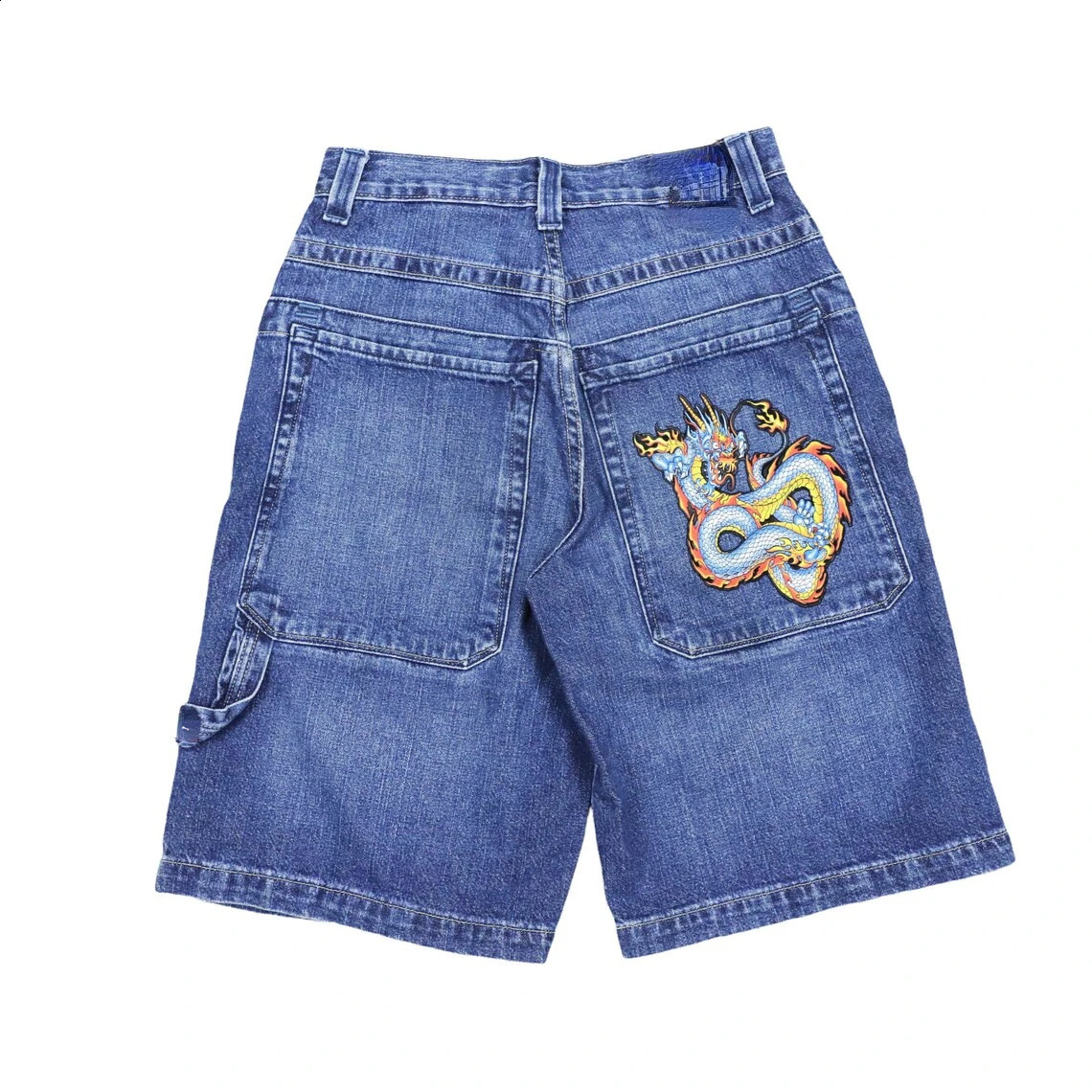 Hip Hop Dragon Embroidery Retro Denim Shorts Y2k Blue Wash Wide Leg Straight Work Pants Men Women Streetwear Jorts Clothing 250110