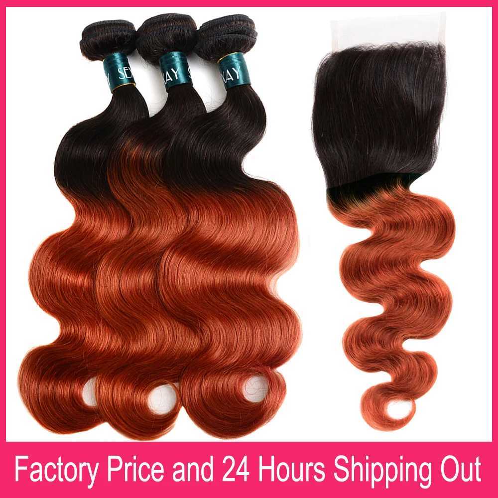 Ombre Orange Human Hair Bundles With Clo Brazilian Body Wave 1B/350 Human Hair Weaving And 4x4 Swiss Lace Clo Free PartXJ250120