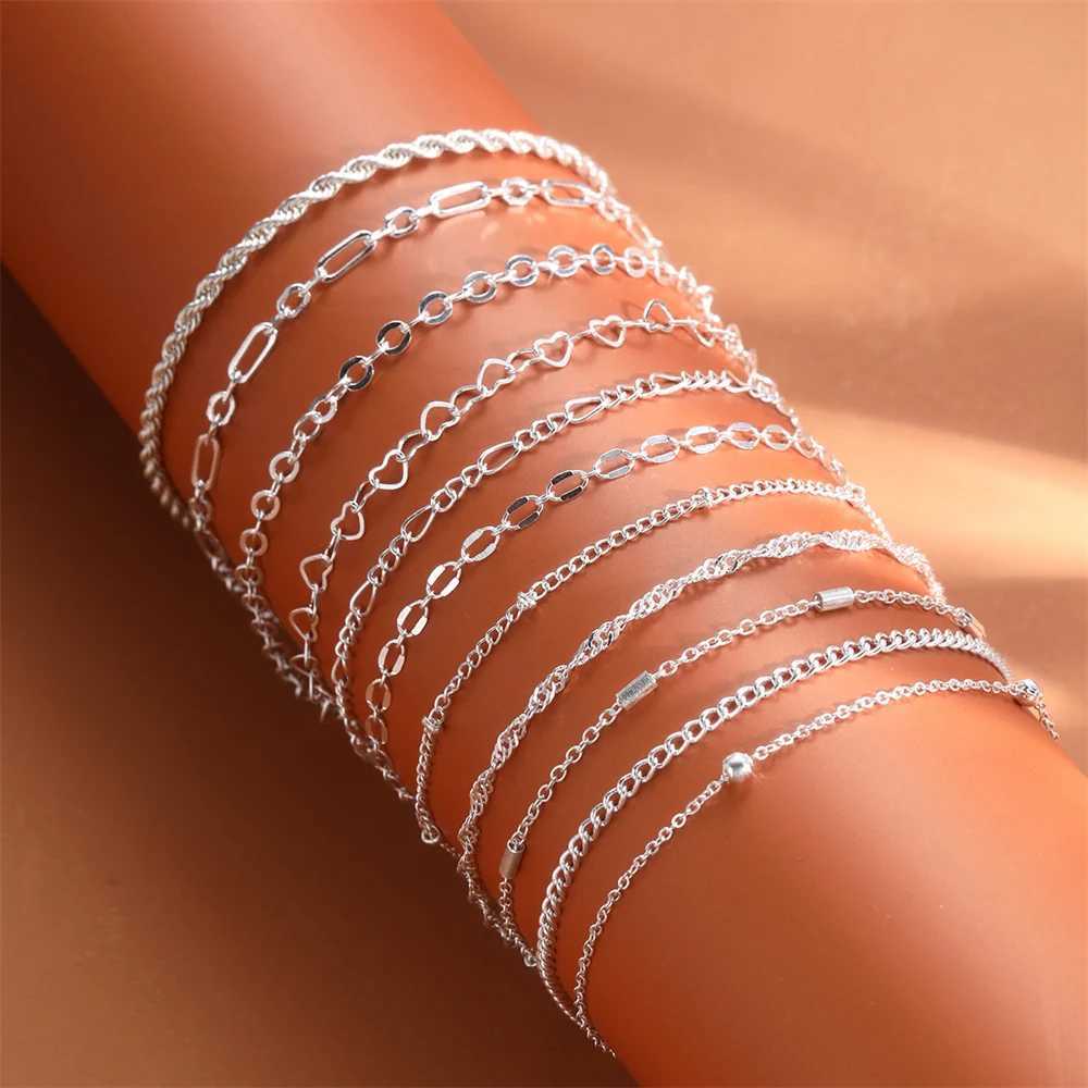 8pcs Elegant Chic Minimalist Thin Stackable Metal Silver Color Heart Chain Bracelets Set for Women Daily Match Bracelet Jewelry W250121