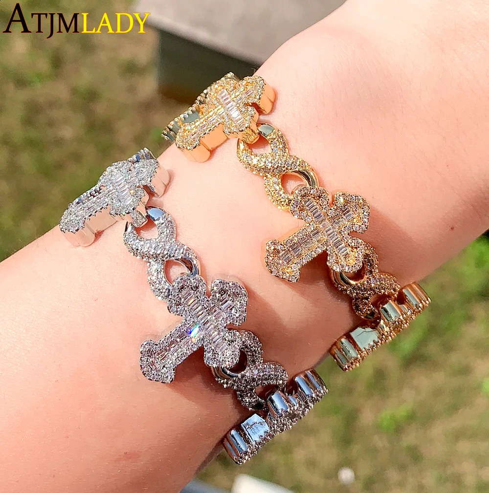 Inifinity Link Chain Bracelet Micro Pave Bling CZ Cross Prong Setting 5A Cubic Zirconia Hip Hop Fashion Jewelry Women Men 250121