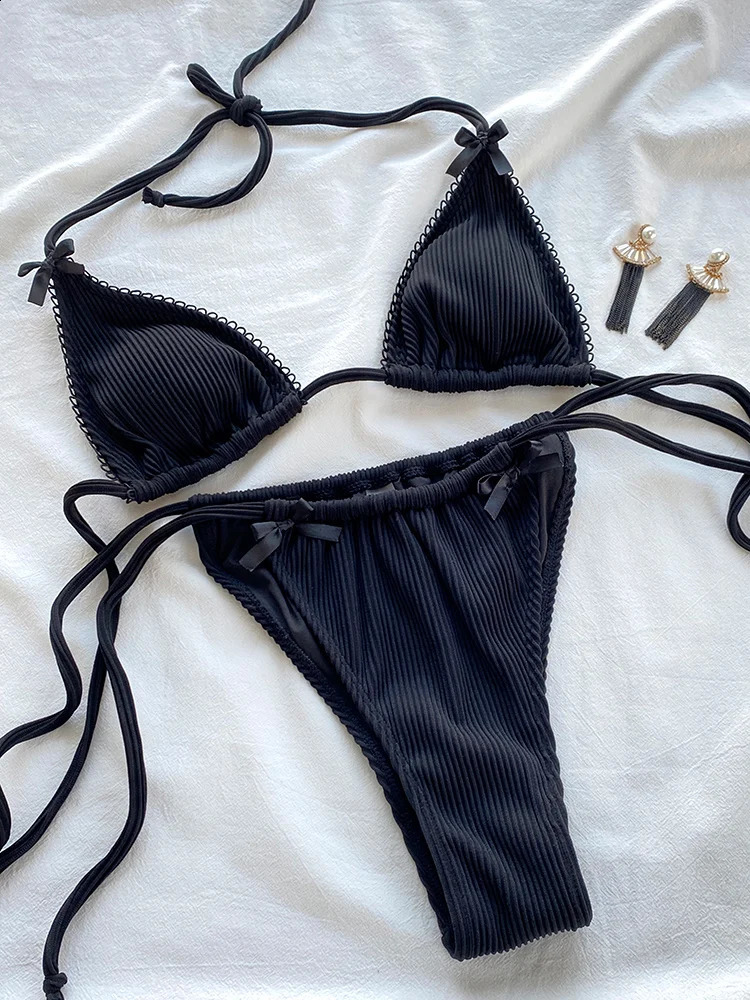 Patchwork Bikinis String Bikini Set Ruffles Side Swimwear Women Sexy Swimsuit Woman Halter Bathing Suits Two Piece Beachwear 250121