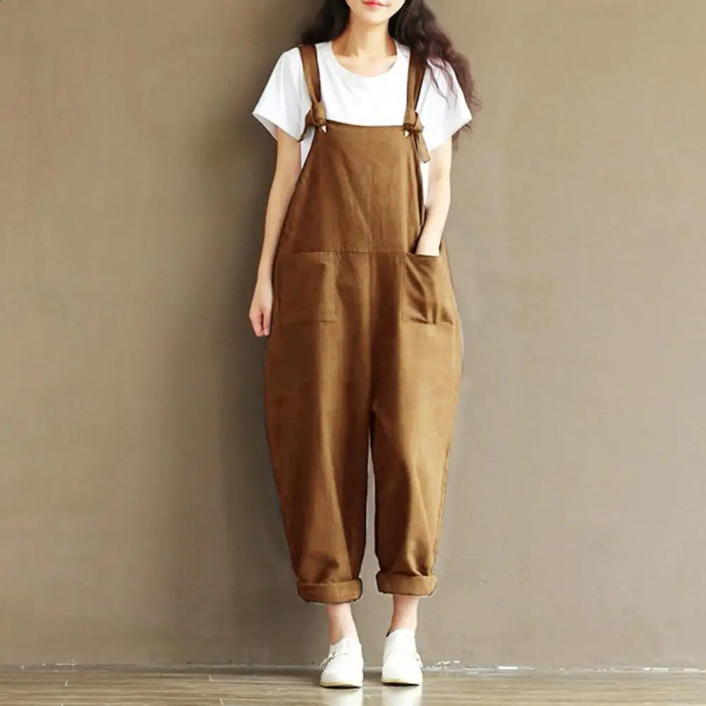 Women Jumpsuits Solid Color Straps n Pants Pocket Loose Rompers Lady Soft Clothing For Daily Wear 250113