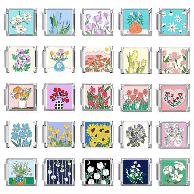 Creative Colored Flower Series Vase Rose Tulip Charm Bracelet Italian Links Fit 9mm Bracelet Stainless Steel Making Diy Jewelry W250121